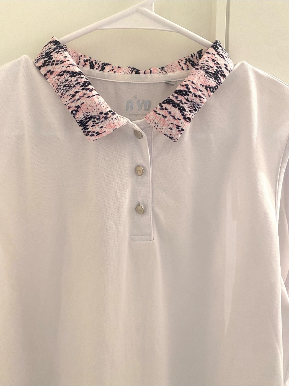 Nvo White Polo Top with Pink Patterned Collar new condition.